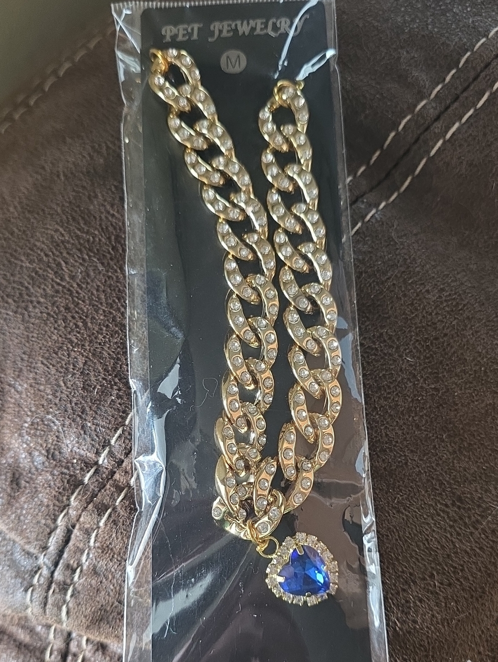 Gold Crystal Chain Necklace with Blue Heart Pendant -